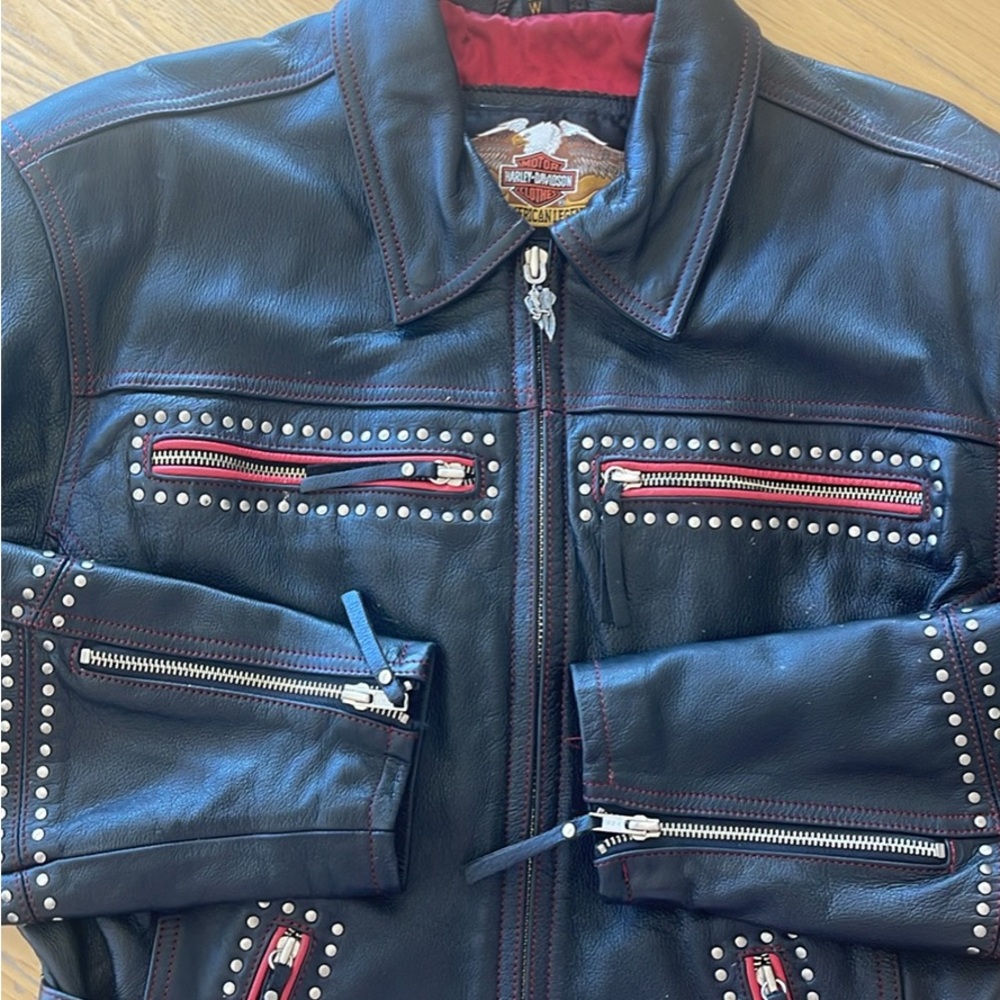 Harley-Davidson Black Leather Jacket women’s with rivets, red trim, embroidered